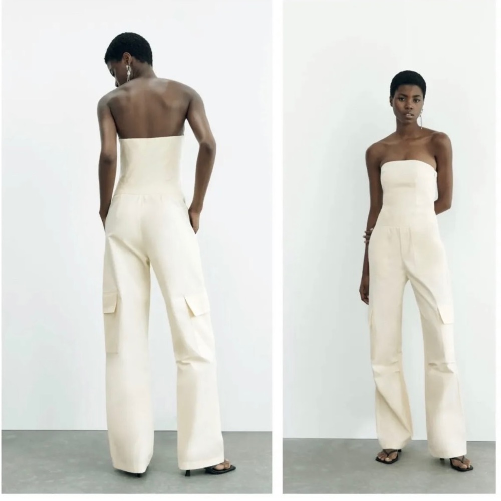 LONG CARGO JUMPSUIT ZARA SIZE M COLOR VAINILLA NWT